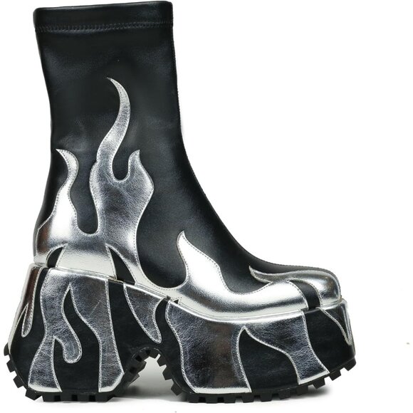 ⚡Women's Silver Synthetic Red Flame Printing Ankle-High Round Toe Heel Boots - Picture 1 of 6